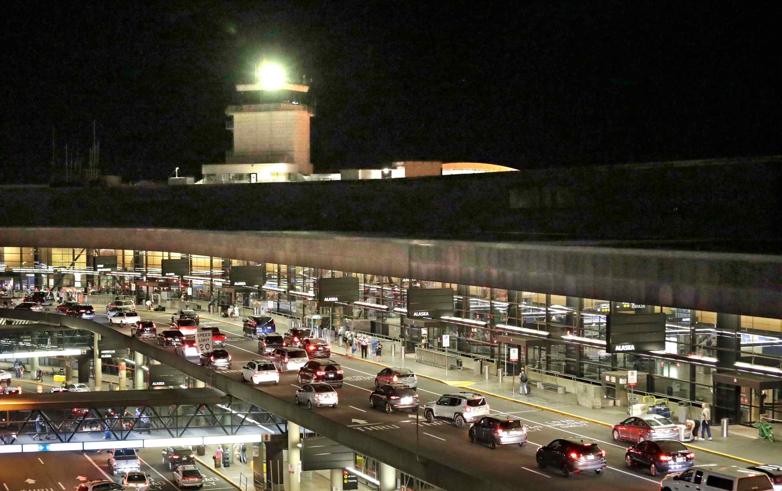 Seattle Sea-Tac Airport at night.